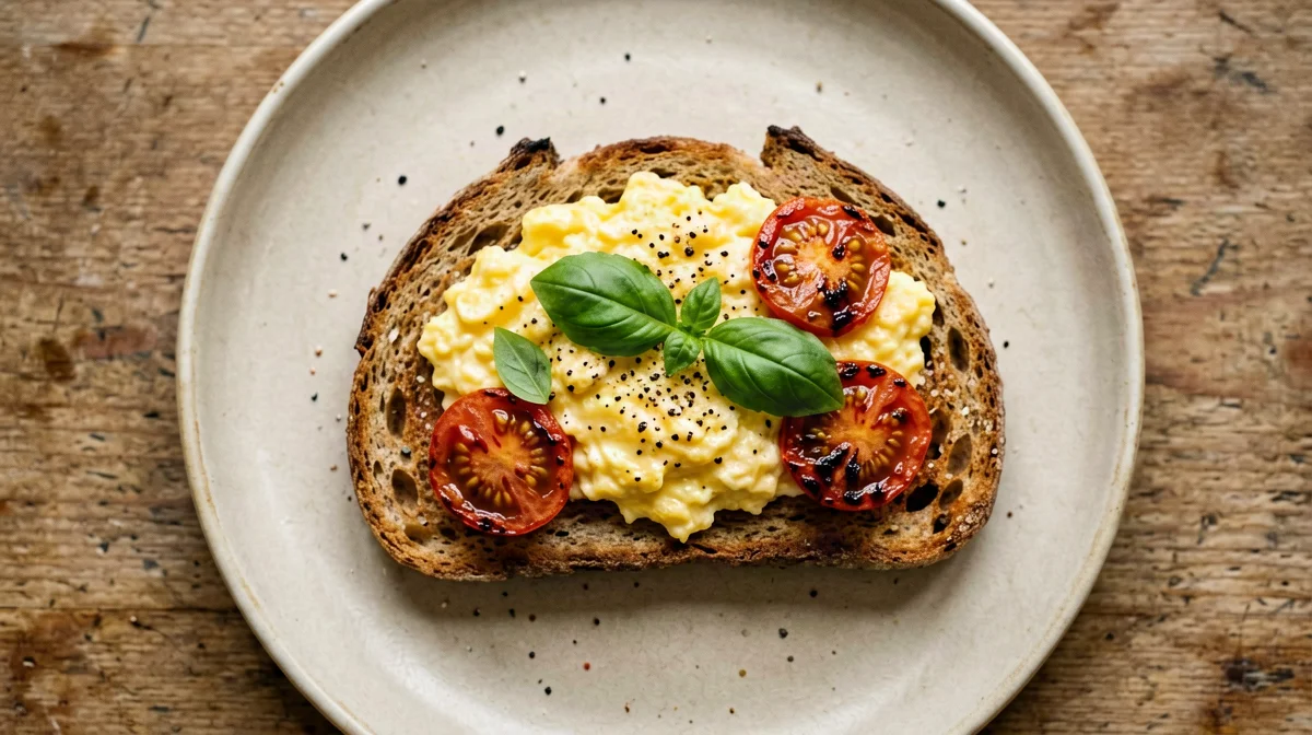 Scrambled eggs with cherry tomatoes and basil on toast