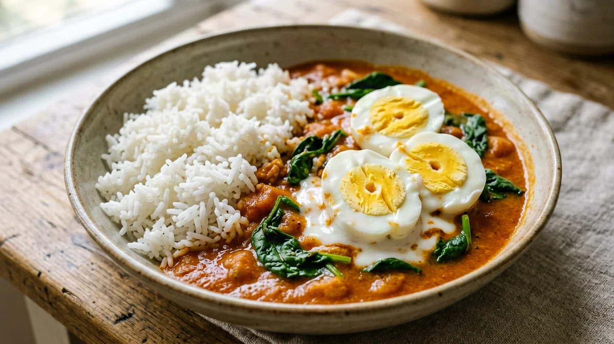 Uova sode al curry di pomodoro con riso basmati e spinaci