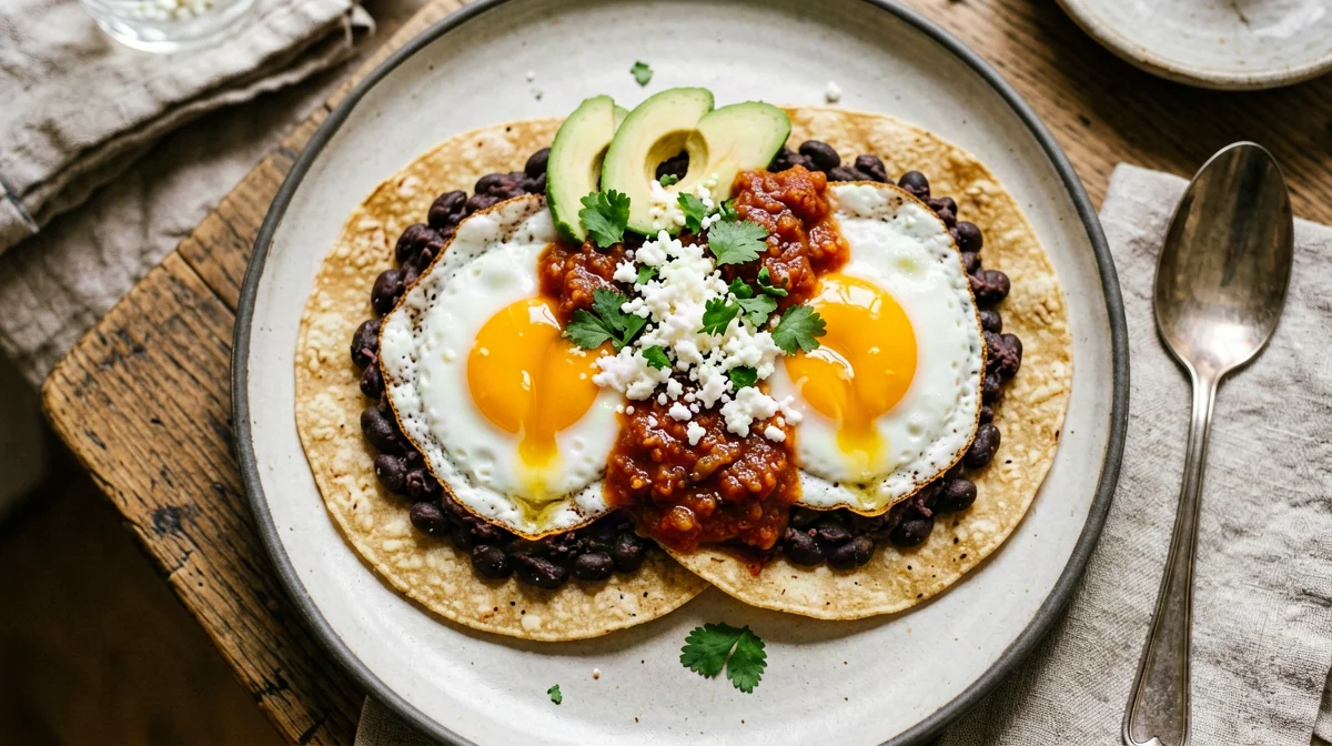 Huevos rancheros with corn tortillas and avocado