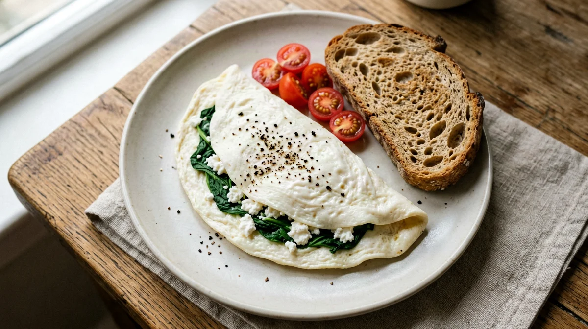 Egg white omelette with spinach and feta, wholemeal bread
