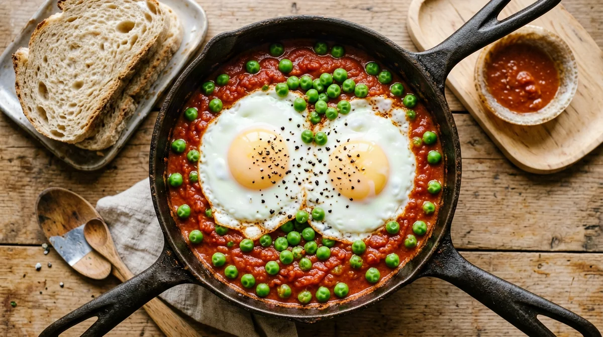 Uova con piselli al pomodoro e pane