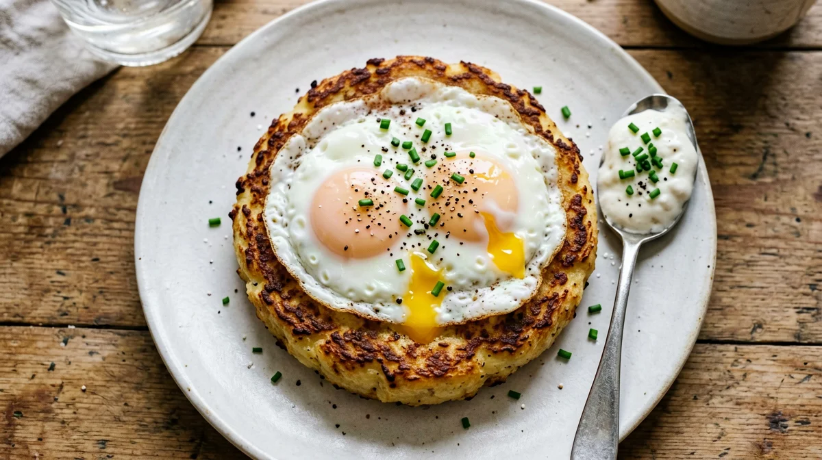 Potato rösti with fried eggs and chive skyr