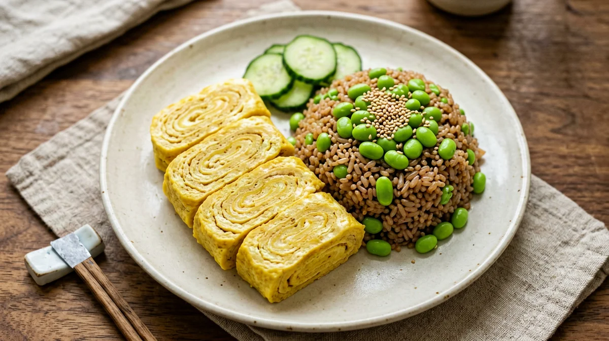 Tamagoyaki con riso integrale, edamame e cetriolo