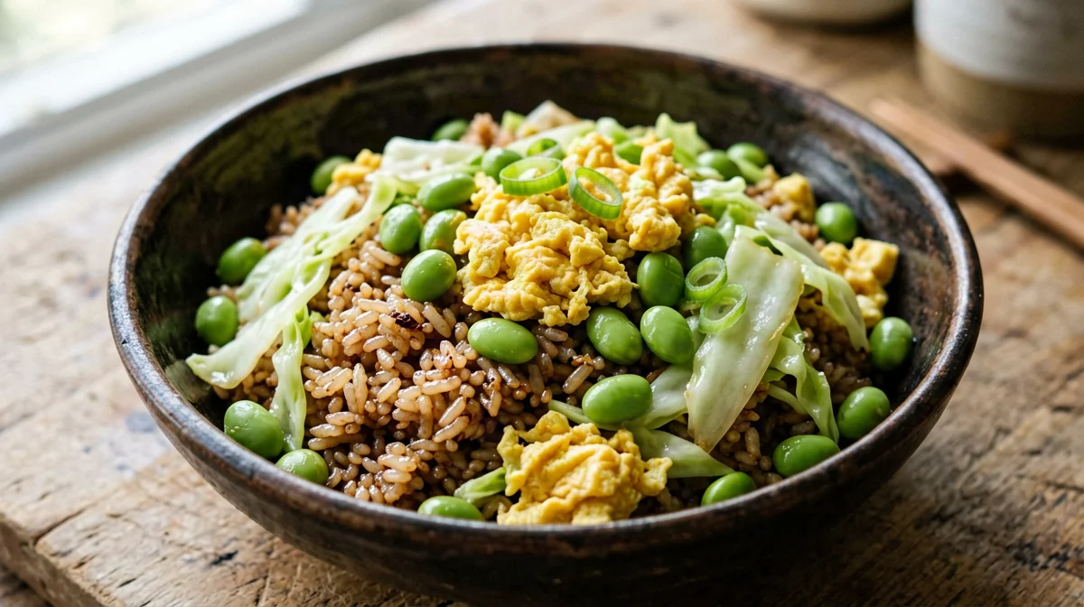 Riso integrale saltato con uova, edamame e cavolo cinese