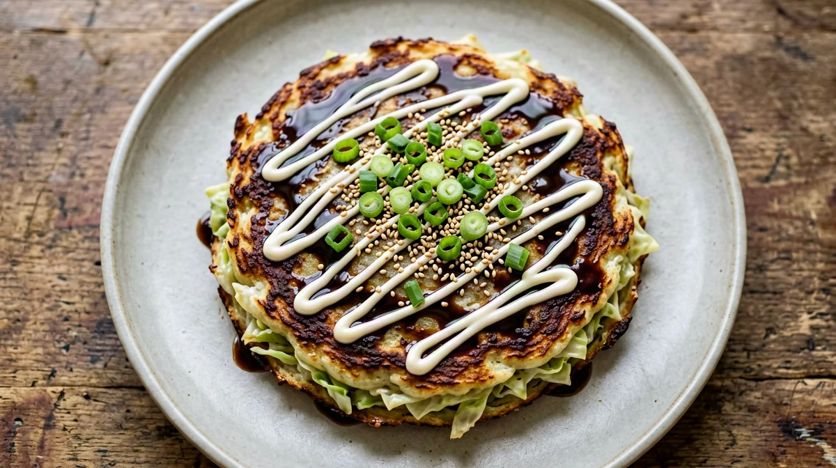 Okonomiyaki di cavolo cappuccio con maionese e cipollotto