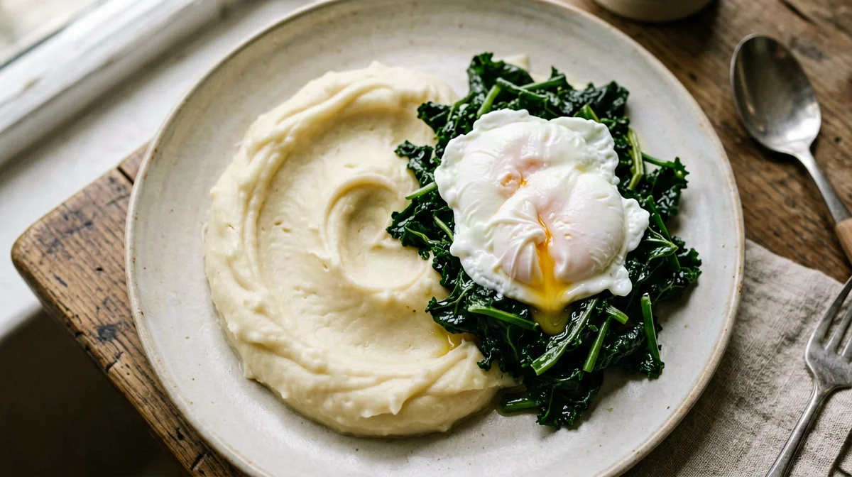 Poached eggs on mashed potato and cavolo nero