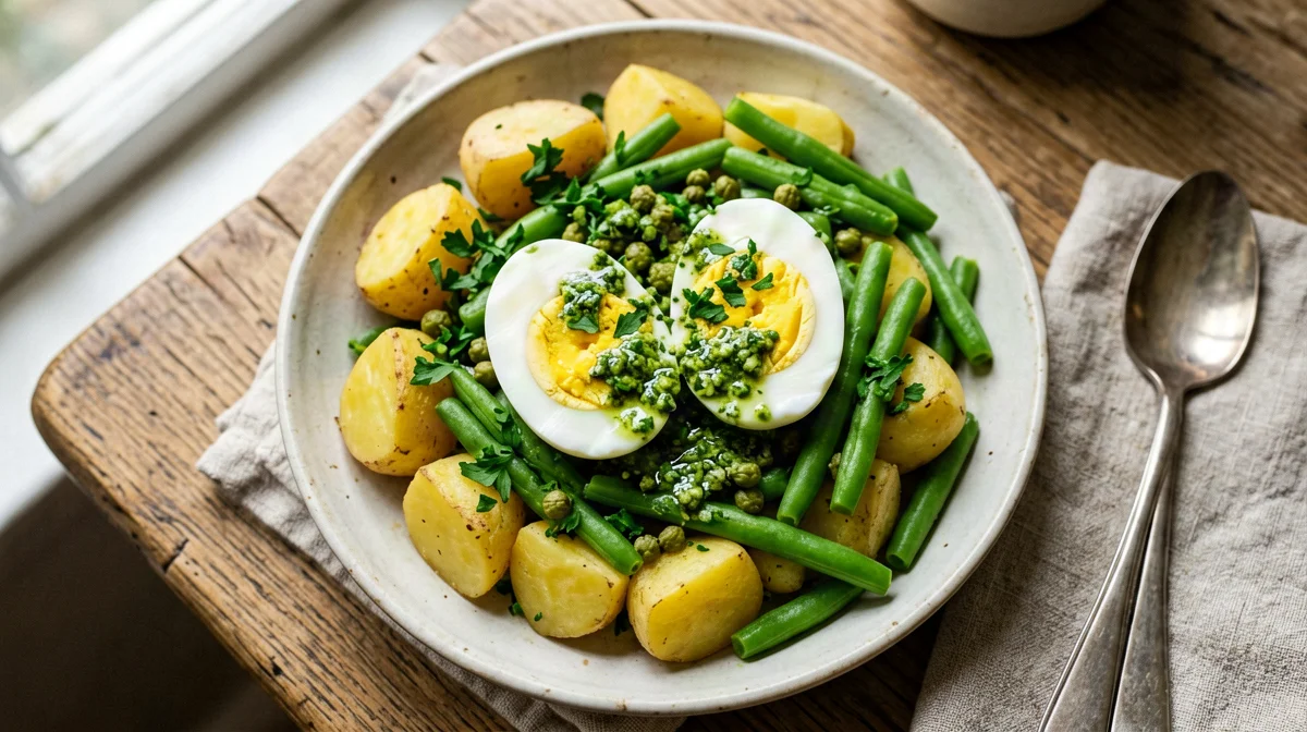 Uova sode con salsa verde, patate e fagiolini