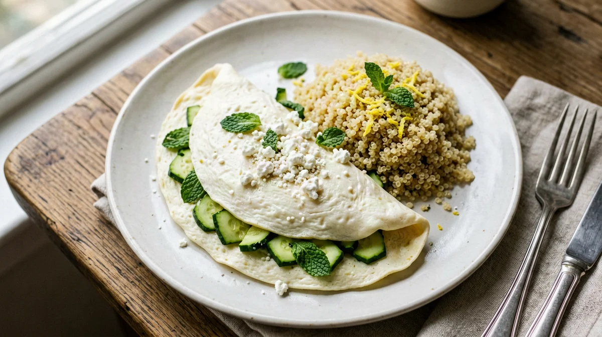 Egg white omelette with zucchini and ricotta salata, quinoa