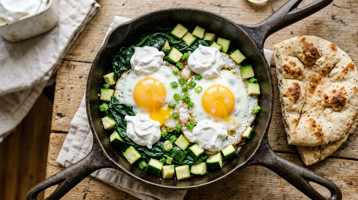 Green shakshuka with spinach, zucchini and yogurt