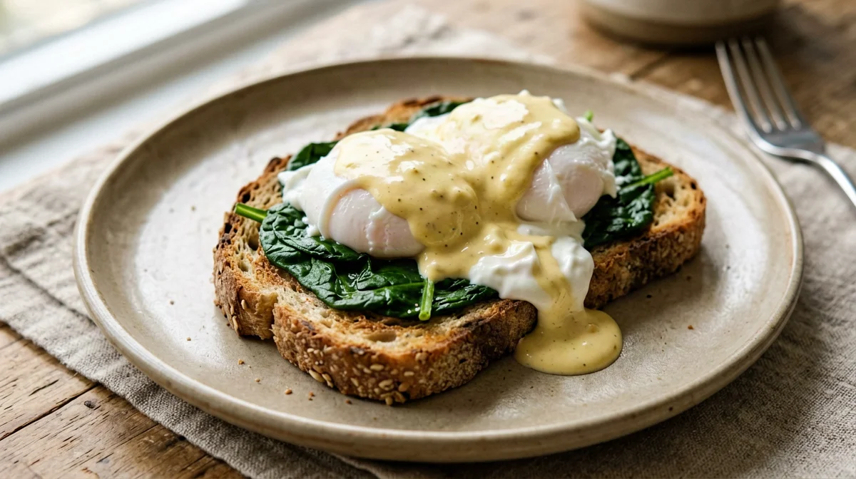 Eggs Florentine with yogurt mustard sauce