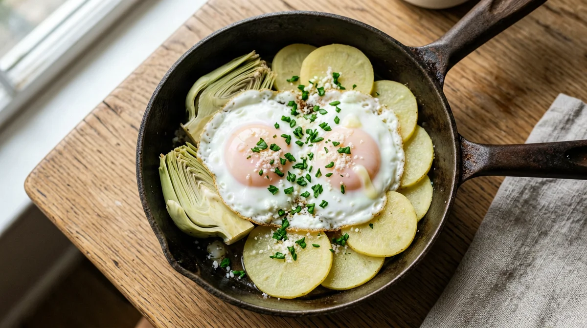 Pan-baked eggs with artichokes and potatoes