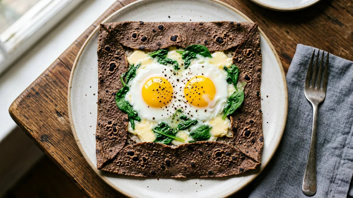 Buckwheat galette with egg, spinach and Emmental