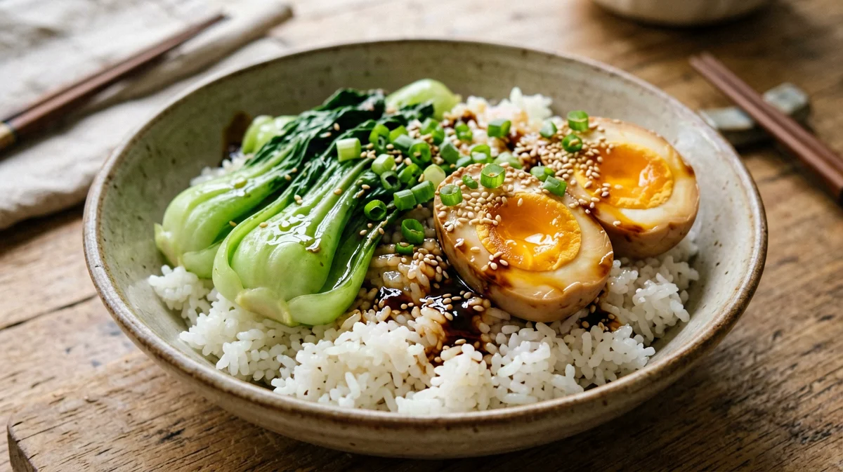 Soy-marinated eggs with jasmine rice and pak choi