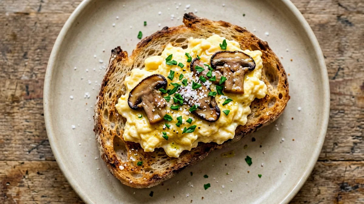 Scrambled eggs with porcini on toast