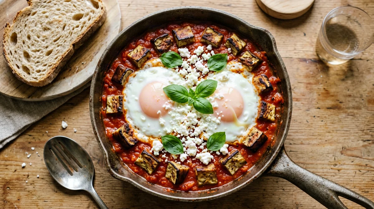 Eggs in purgatory alla Norma with ricotta salata