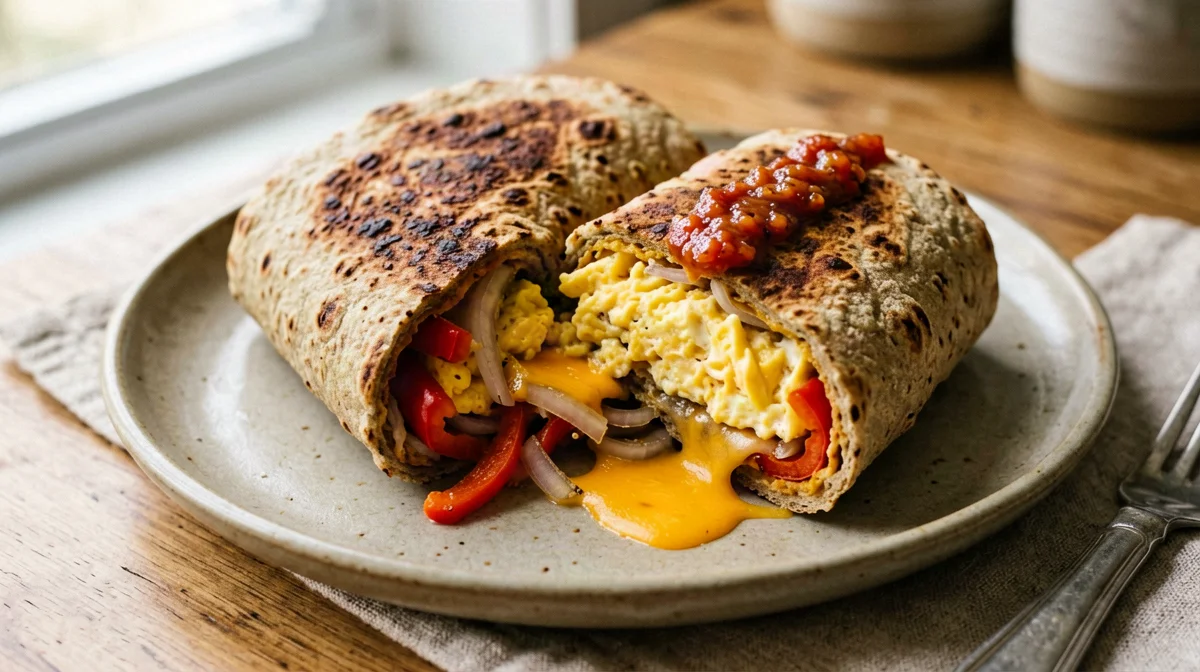 Scrambled egg, pepper and cheddar burrito
