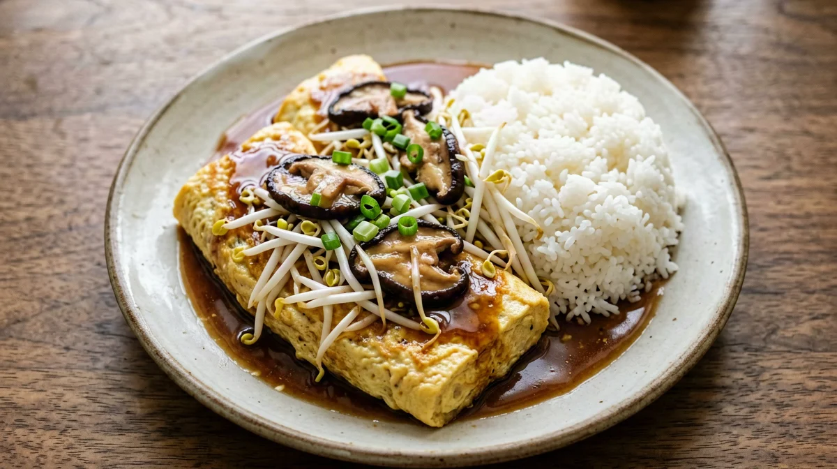 Egg foo young con germogli di soia, shiitake e riso