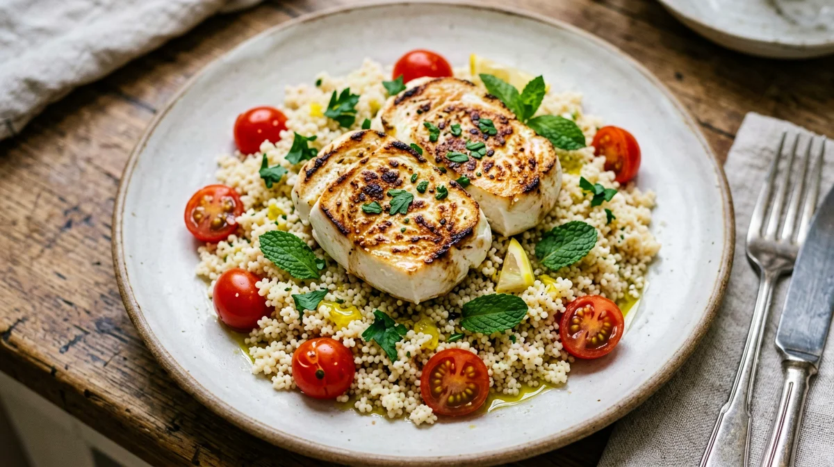 Grilled halloumi with herb couscous and cherry tomatoes