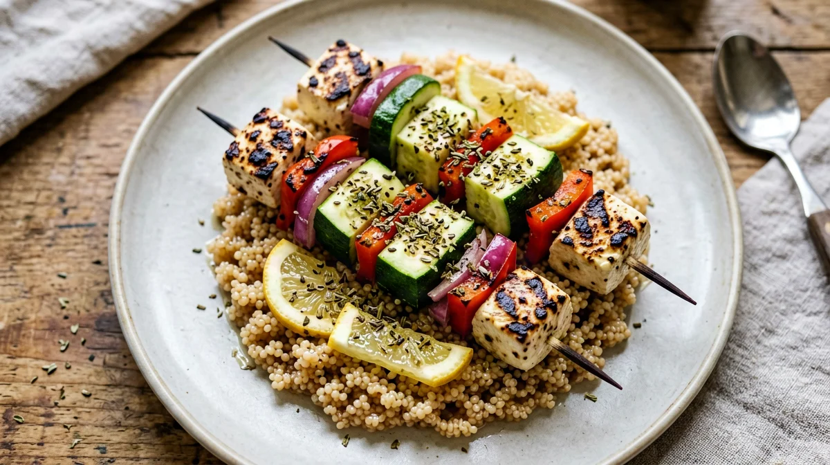 Spiedini di halloumi, zucchine e peperoni con bulgur