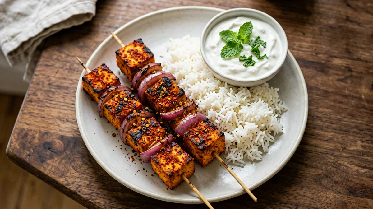 Paneer tikka con riso basmati e raita alla menta