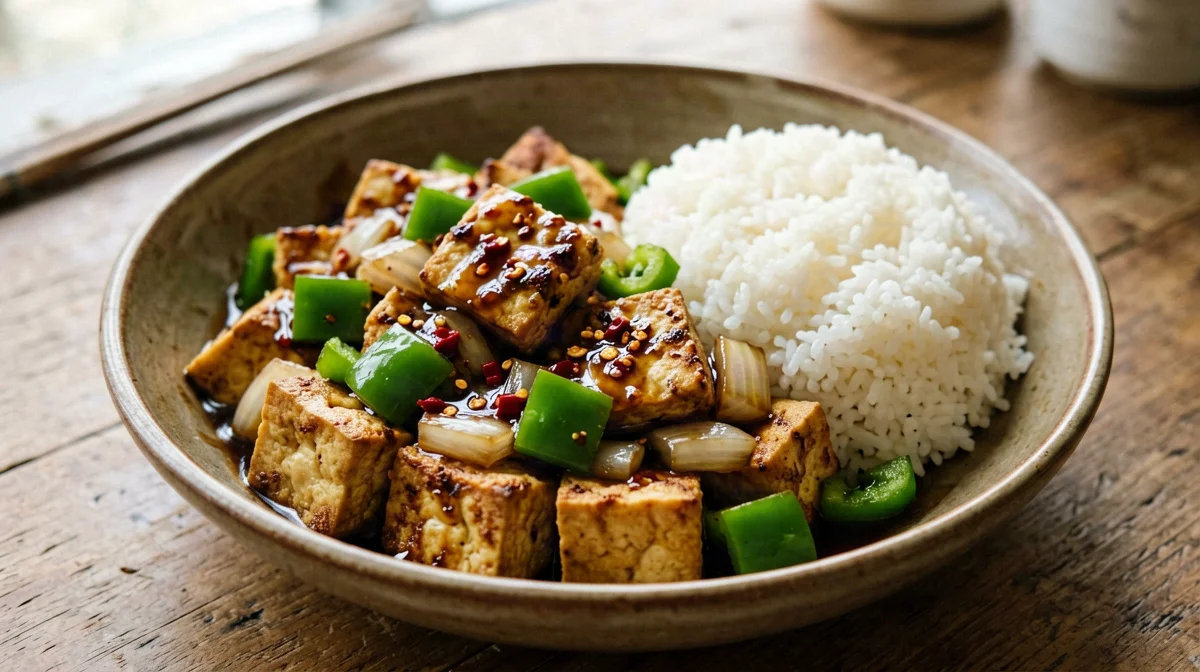 Paneer saltato con peperoni verdi e soia, riso jasmine