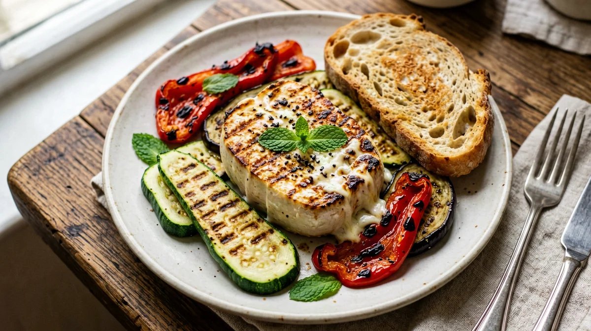 Griddled scamorza with grilled vegetables and bread