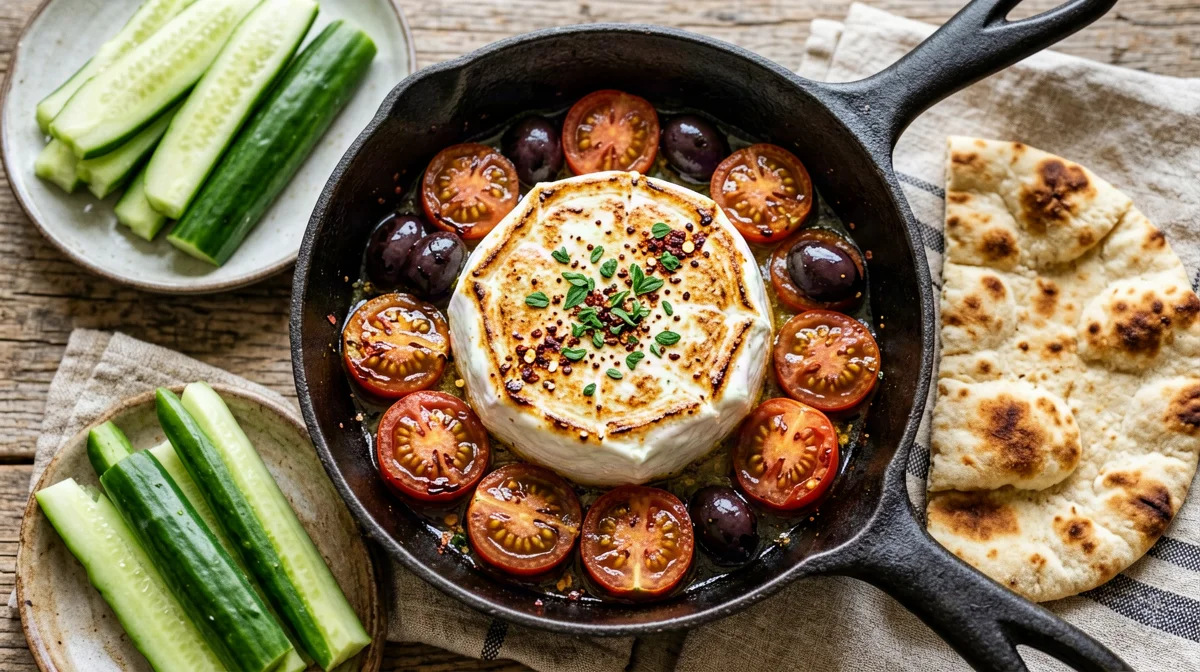 Saganaki di feta con pomodorini, olive e pita
