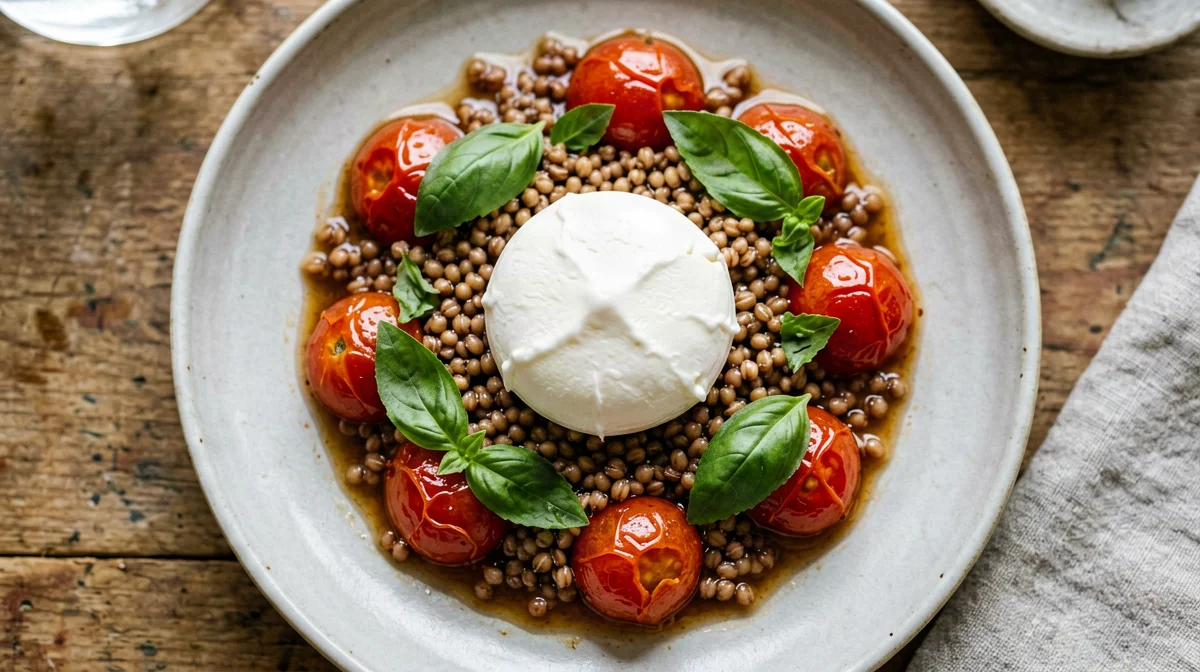 Burrata with confit cherry tomatoes and basil spelt