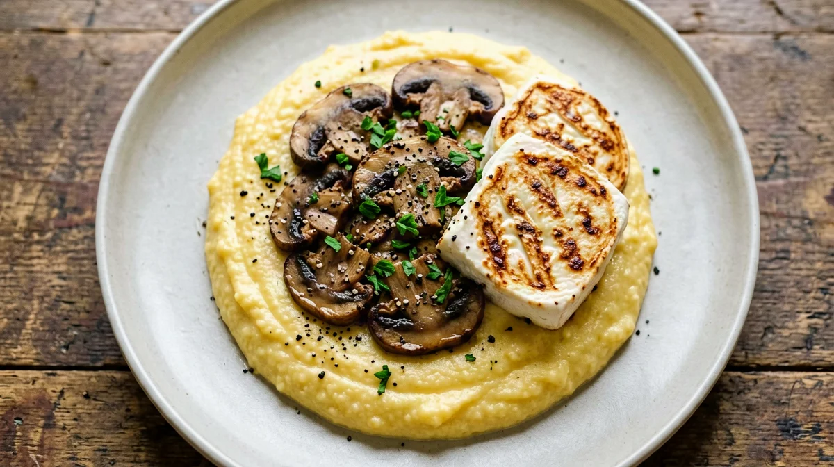Provola alla piastra con funghi trifolati e polenta morbida