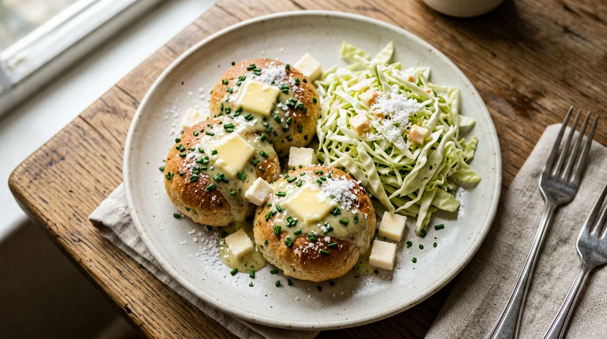 Canederli al formaggio con burro fuso e insalata di cappuccio