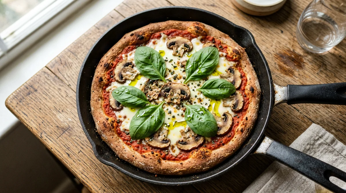 Pizza integrale in padella con mozzarella, funghi e rucola