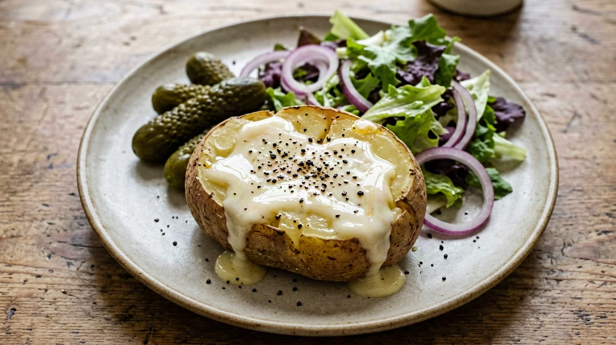 Patate alla raclette con Groviera fuso e cetriolini