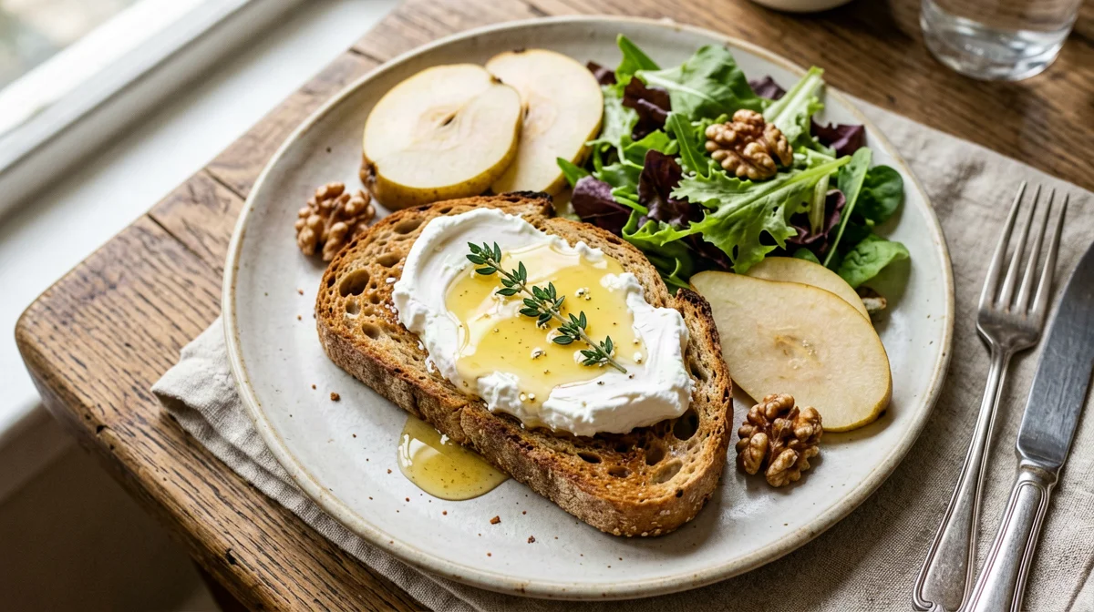 Warm goat cheese toasts with pear and walnuts