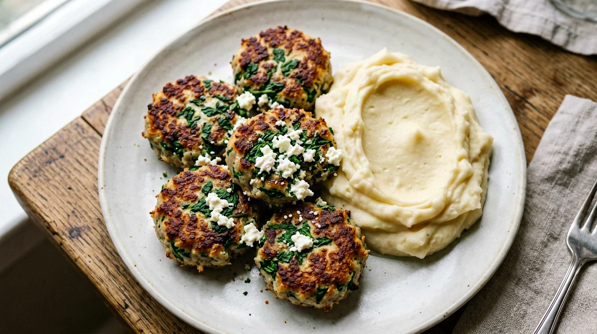 Polpette di fiocchi di latte e spinaci con purè