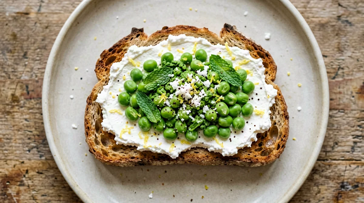 Ricotta, fresh broad bean and pecorino toasts with mint