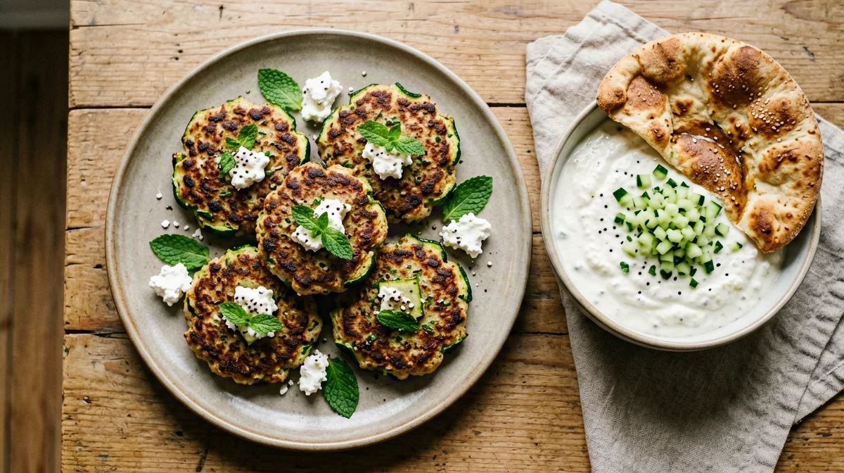 Polpette greche di zucchine e feta con tzatziki di skyr