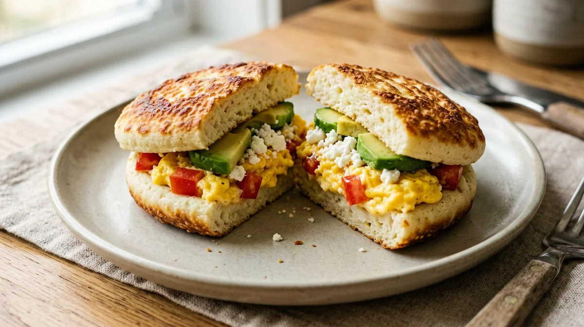 Arepas con uova strapazzate, queso fresco e avocado