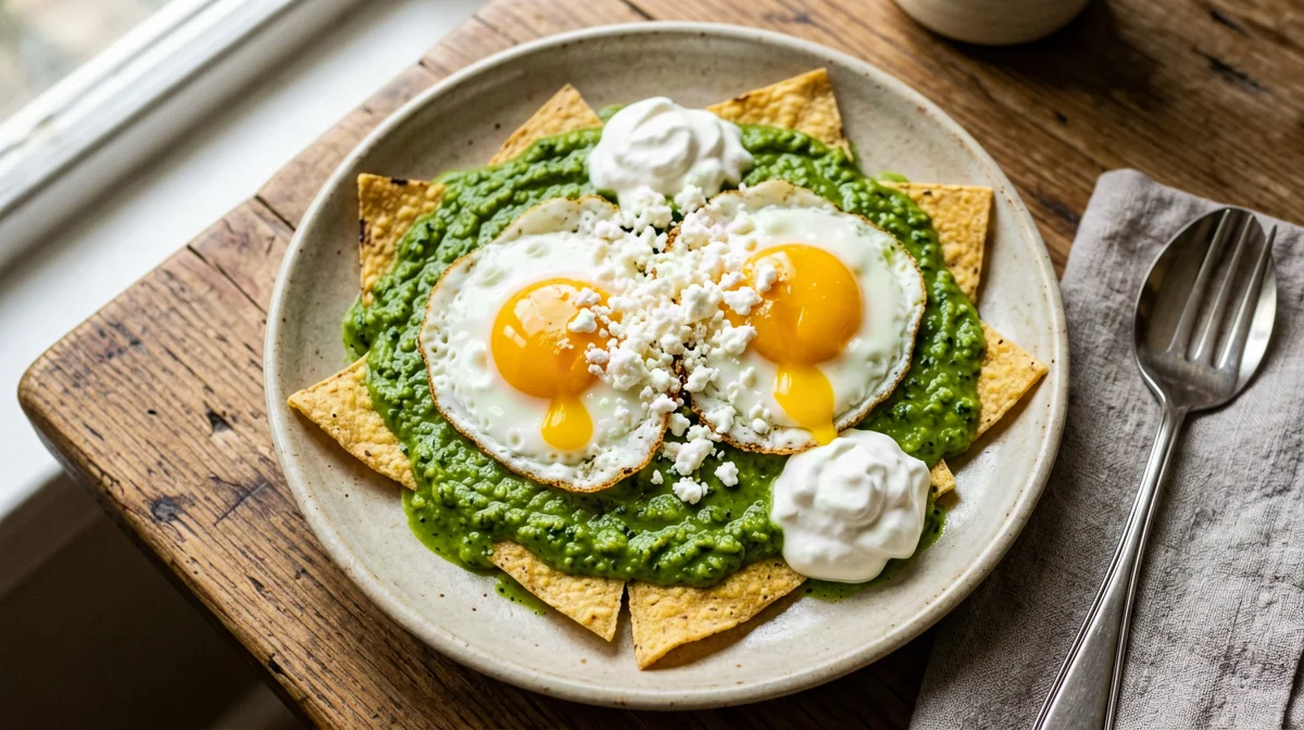 Chilaquiles verdi con uova e queso fresco