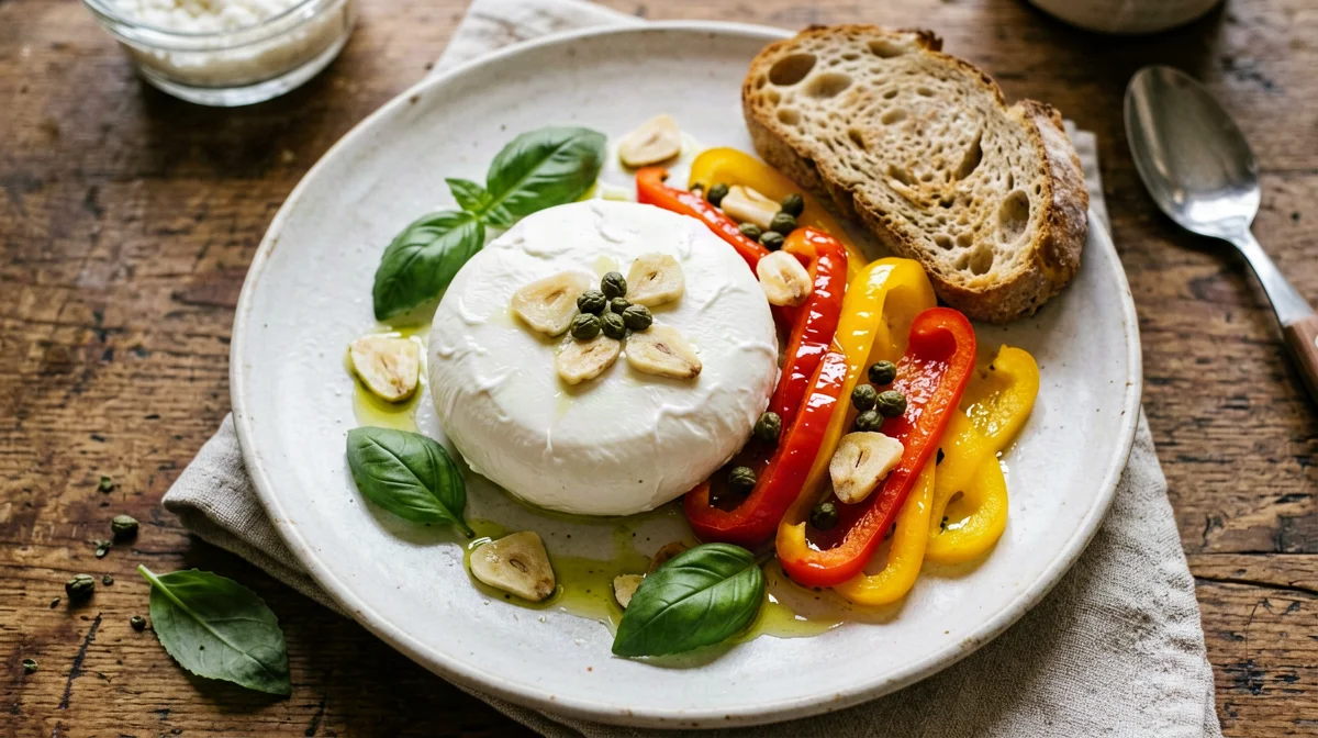 Buffalo mozzarella with roasted peppers and capers