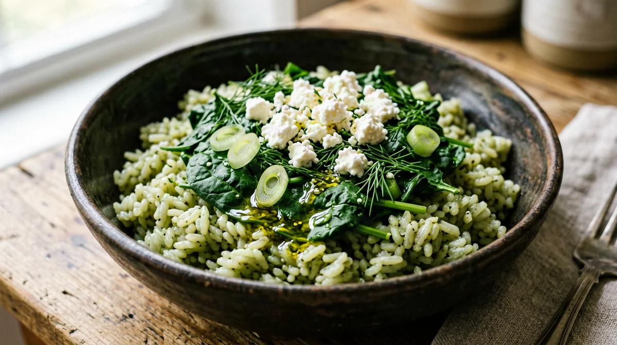 Spanakorizo, riso agli spinaci e aneto con feta