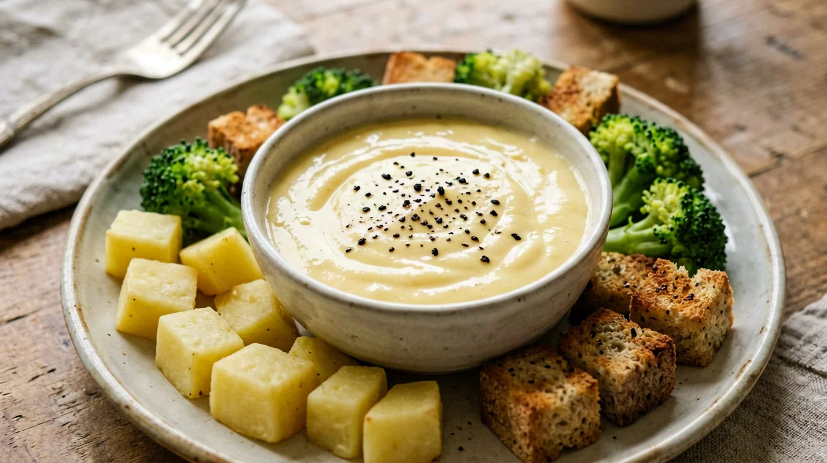 Aosta Valley fonduta with potatoes, broccoli and bread
