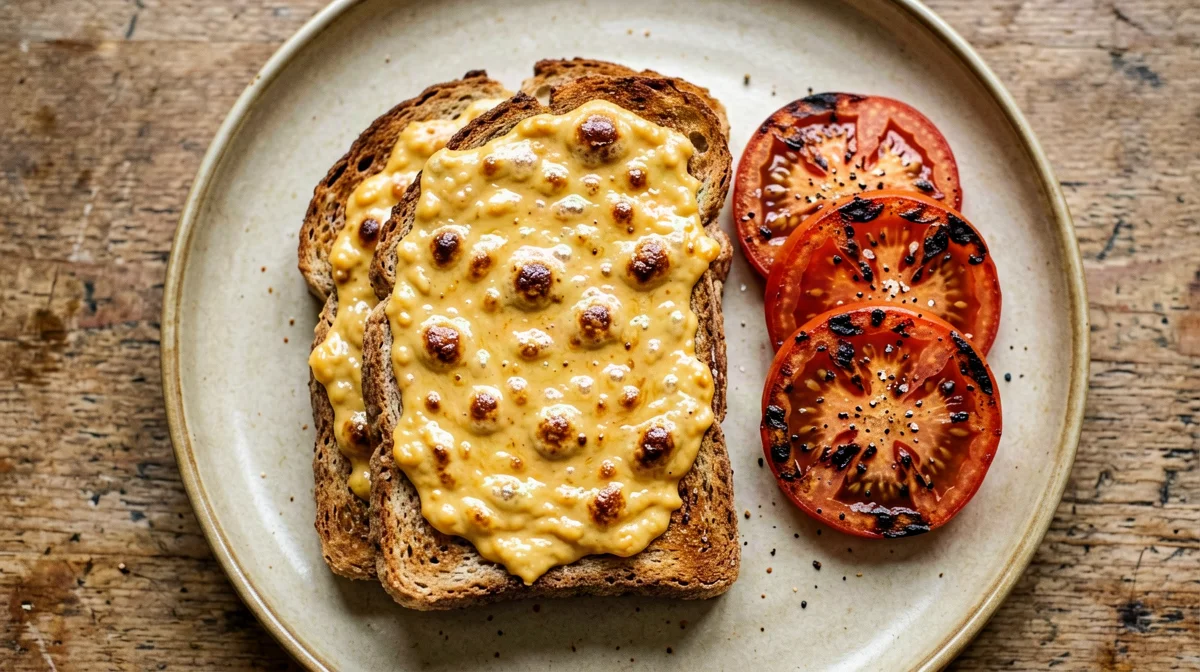 Cheddar Welsh rarebit with grilled tomatoes