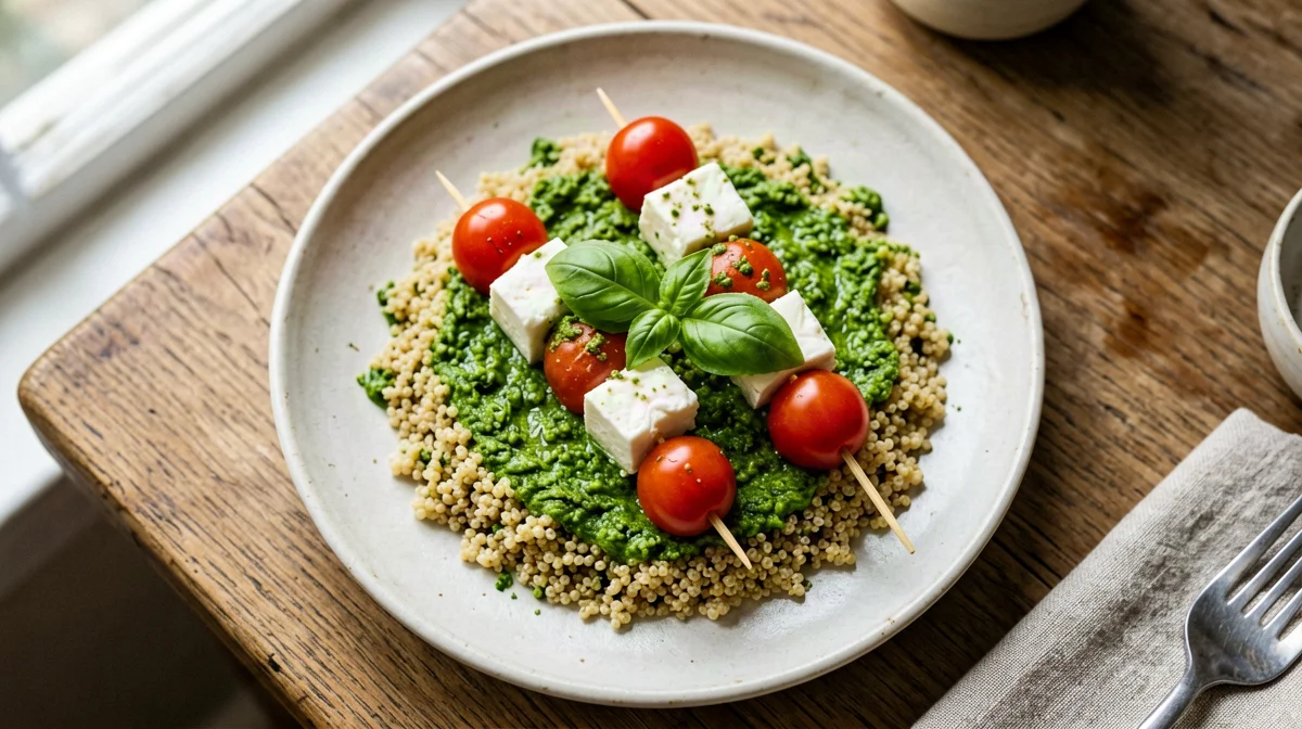 Light mozzarella and cherry tomato skewers with pesto quinoa