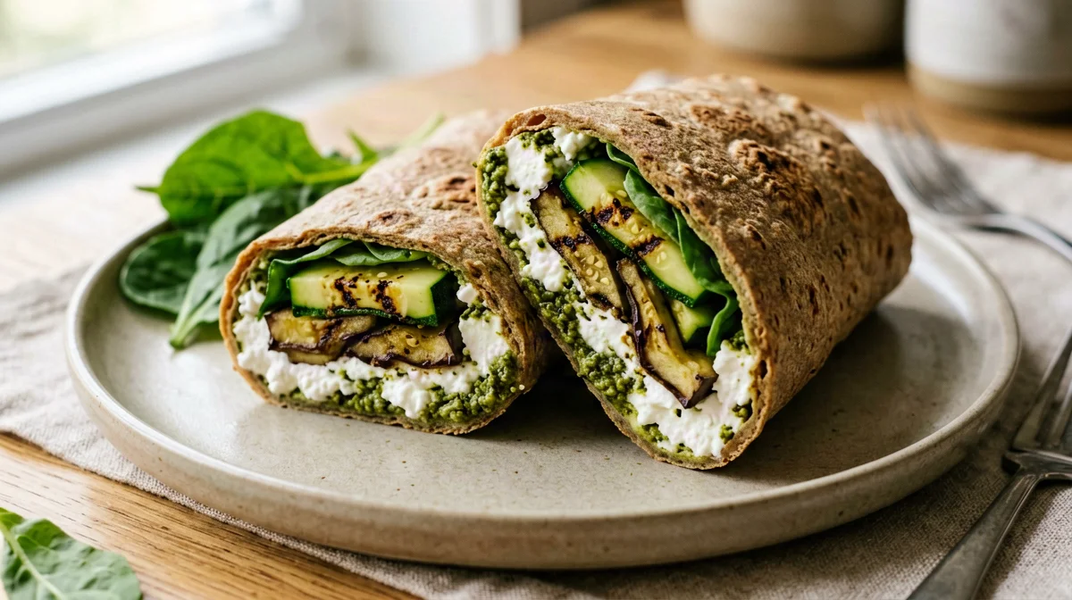Wholemeal wrap with cottage cheese, grilled vegetables and pesto