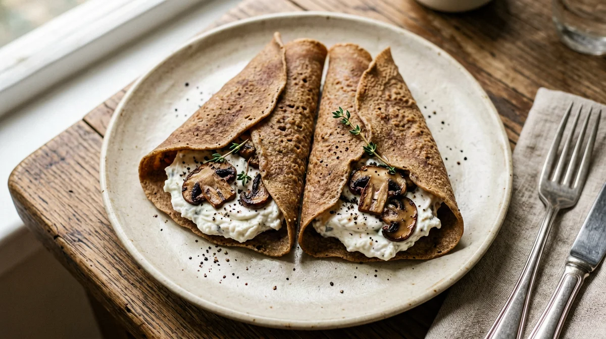 Crespelle di castagne con ricotta e funghi al timo