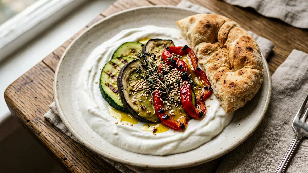 Yogurt labneh with griddled vegetables and pita