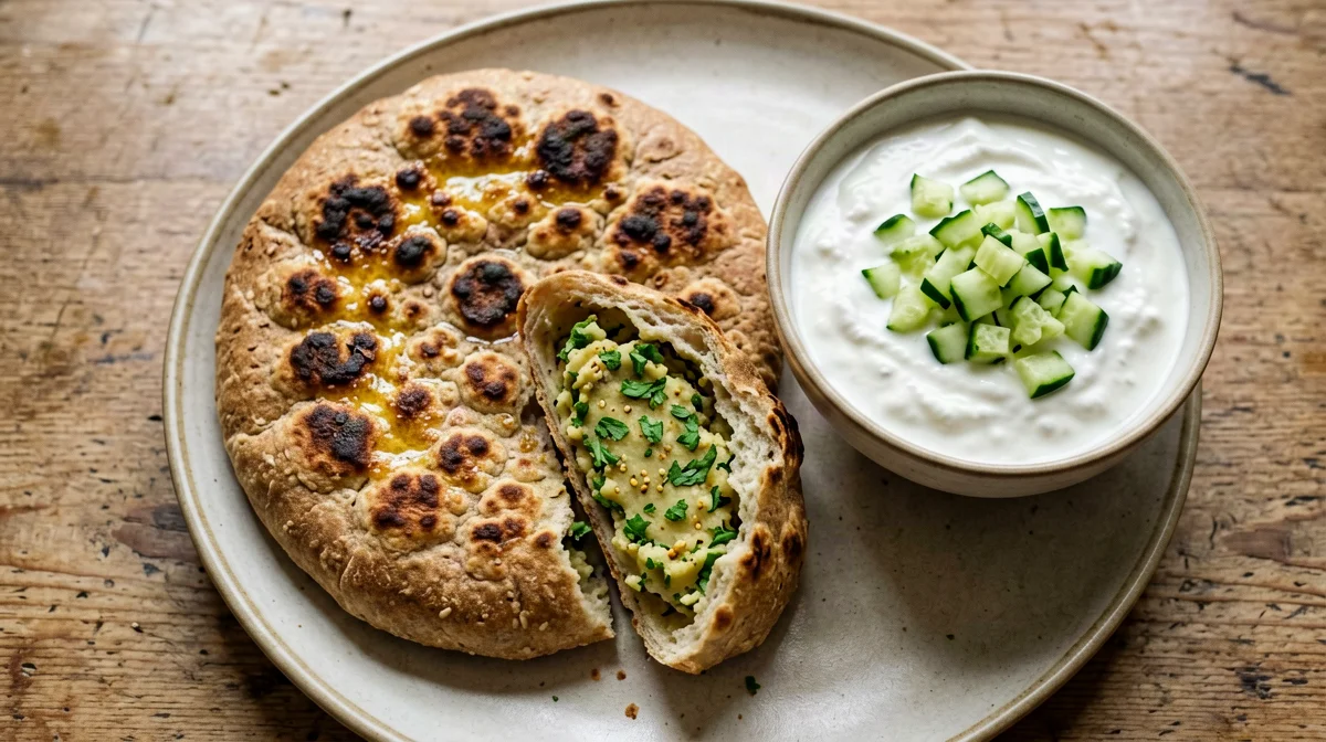 Aloo paratha integrale con raita di cetriolo