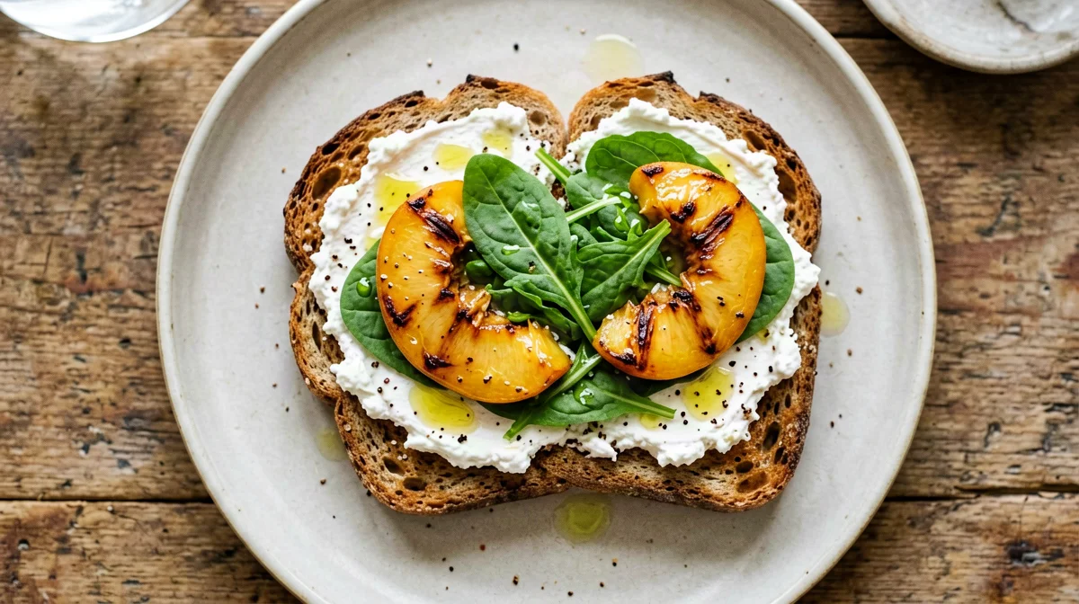 Light ricotta toast with grilled peaches and rocket