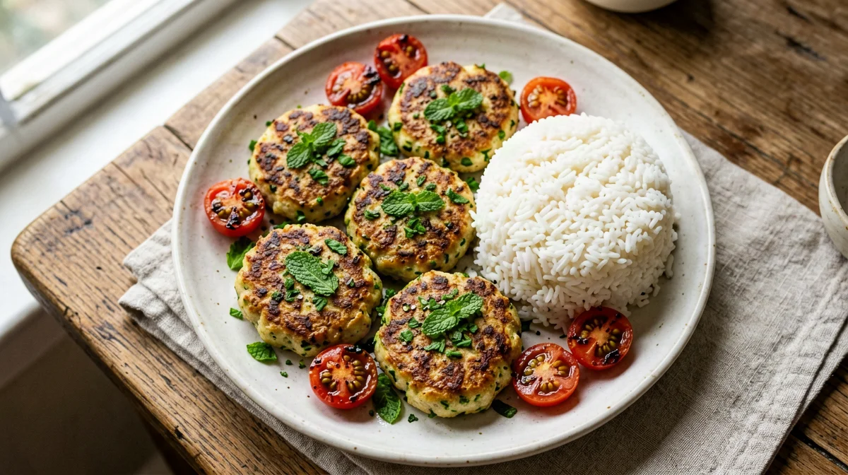 Polpette di zucchine e ricotta con riso e pomodorini