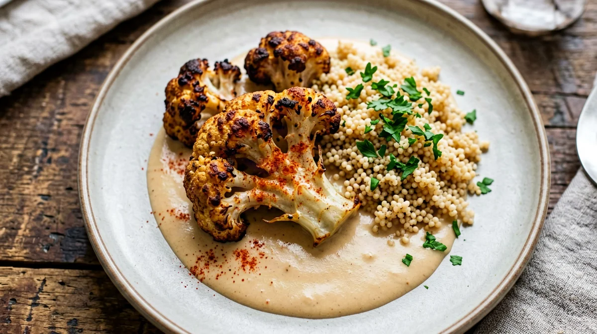 Bistecca di cavolfiore con salsa di skyr e tahina e couscous